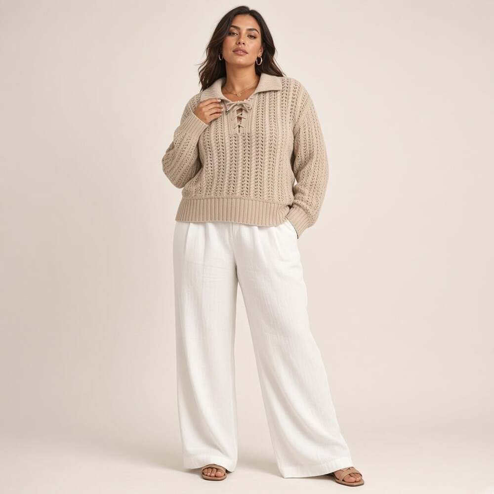 Joie Open Knit Lace Up Crop Sweater XL Oatmeal Cream Boho 100% Cotton